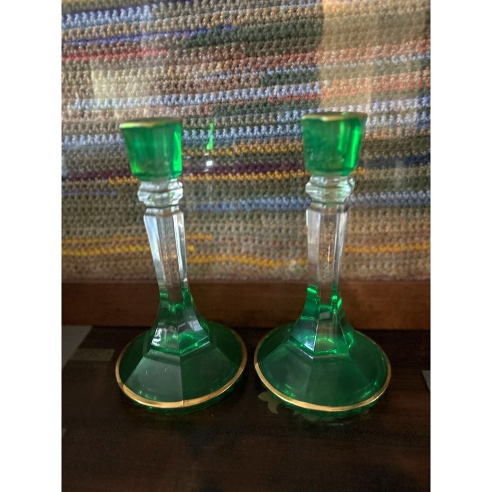 Set of 2 Empoli Emerald and Clear Glass Candle Holders Circa 1950 - 8.5" Tall